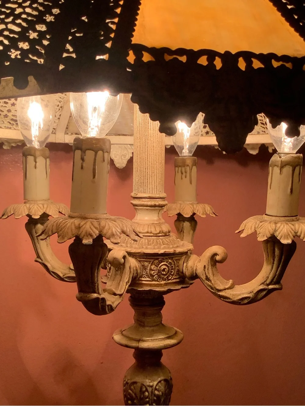 Vintage Italian 4-Light Candelabra Table Lamp Filigree Shade Carrara Marble 28”